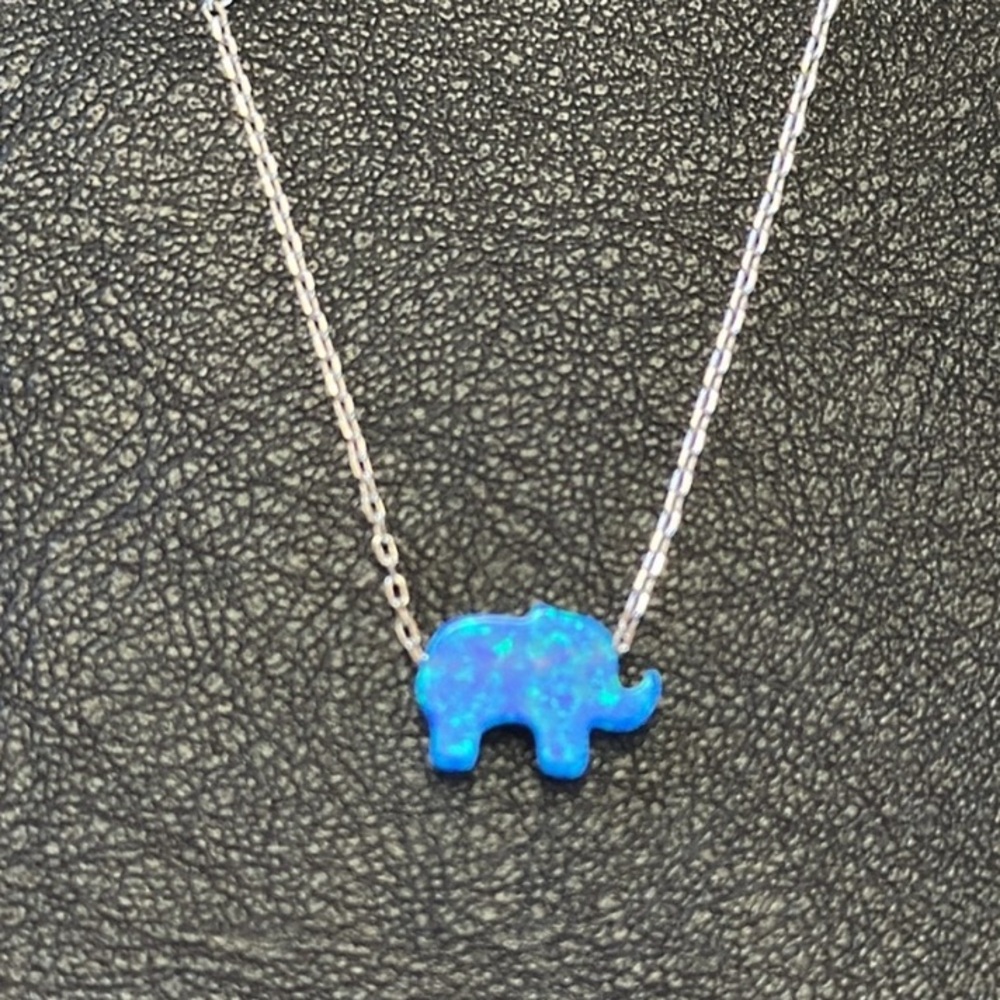 Sterling Silver Chain Man Made Opal Lucky Elephant Pendant Necklace